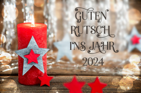 Text Guten Rutsch 2024, Means Happy 2024, With Candle, Christmas Backgroundの写真素材