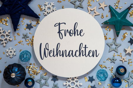 Text Frohe Weihnachten, Means Merry Christmas Blue Christmas Decoration, Flatlayの写真素材