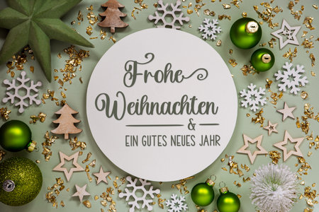 Text Frohe Weihnachten, Means Merry Christmas, Green Christmas Decor, Flatlayの写真素材
