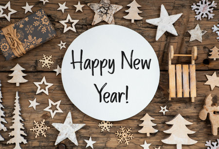 Text Happy New Year, On Wooden Background, Natural Christmas Decorationの写真素材