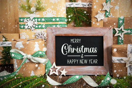 Text Merry Christmas, Happy New Year With Sustainable Christmas Decorationの写真素材