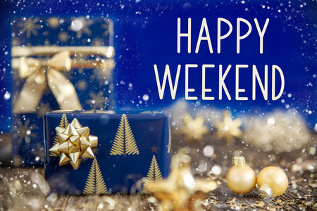 Text Happy Weekend, Christmas Presents, Gold, Blue Winter Decorationの写真素材