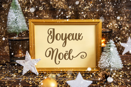 Frame Joyeux Noel, Means Merry Christmas, Gold, Glittering Winter Decorの写真素材
