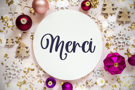 Text Merci, Means Thanks, Purple Flatlay Christmas Decorの写真素材