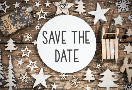 Text Save The Date, Wood, Natural Christmas Decorの写真素材