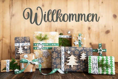 Text Willkommen, Means Welcome, Rustic, Eco Christmas Backgroundの写真素材