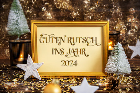 Frame Guten Rutsch 2024, Means Happy 2024, Golden Christmas Decorationの写真素材
