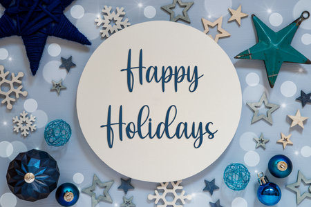 Blue Christmas Background With Decor And Text Happy Holidaysの写真素材