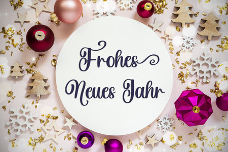 Text Frohes Neues Jahr, Means Happy New Year, Purple Flatlay Christmas Decorの写真素材