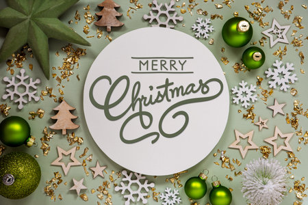 Text Merry Christmas, Green Christmas Decor, Flatlayの写真素材