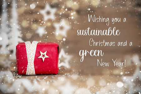 Text Sustainable Christmas, Green New Year, With Christmas Gift, Winter Decorの写真素材