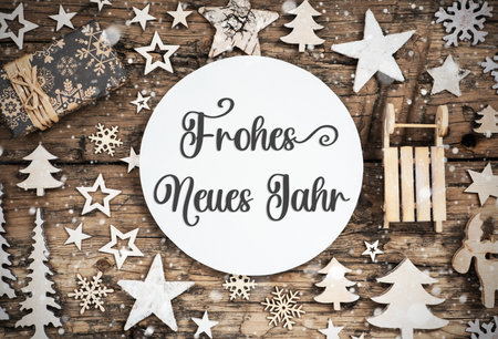 Text Frohes Neues Jahr, Means Happy New Year, Wood, Natural Christmas Decorの写真素材