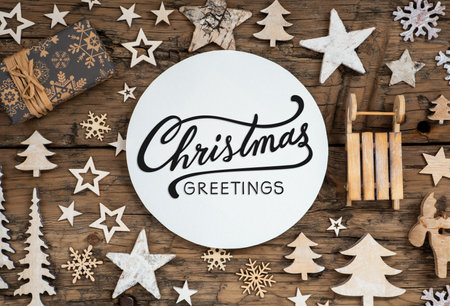 Text Christmas Greetings, On Wooden Background, Natural Christmas Decorationの写真素材
