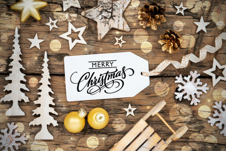 Rustic Wooden Christmas Background, Bokeh, Label With Words Merry Christmasの写真素材