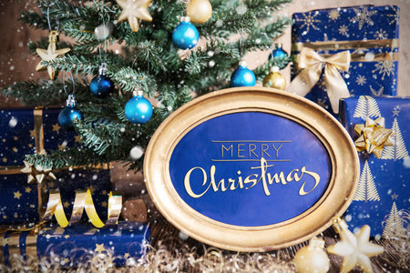 Text Merry Christmas In Golden Frame, Christmas Backgroundの写真素材