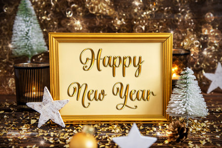 Frame With Text Happy New Year, Golden Christmas Decorationの写真素材