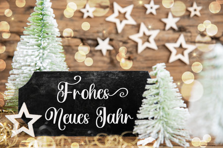 Text Frohes Neues Jahr, Means Happy New Year, Rustic Christmas Tree Decorの写真素材
