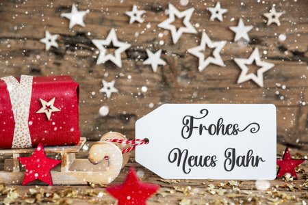 Text Frohes Neues Jahr, Means Happy New Year, Label With Sled, Christmasの写真素材