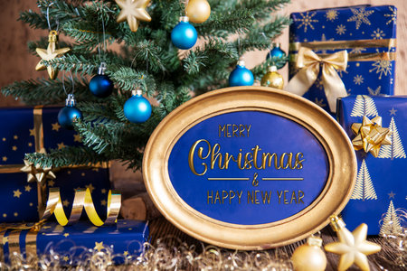 Golden Frame Merry Christmas And Happy New Year, Christmas Backgroundの写真素材