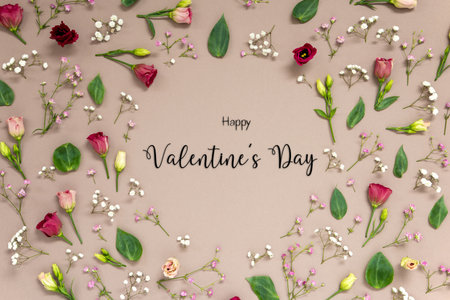 Colorful Spring Flower Arrangement With Roses, English Text Happy Valentines Dayの写真素材