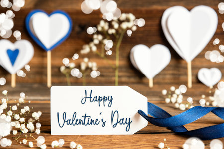 Label With White Decoration, Heart, Flower, Text Happy Valentines Dayの写真素材