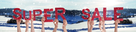 People Hands Building Word Super Sale, Winter Backgroundの写真素材
