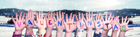 Children Hands Building Valentinstag Means Valentines Day, Winter Backgroundの写真素材