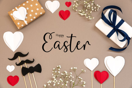 Flat Lay With Accessories, Gifts, Hearts, Text Happy Easter