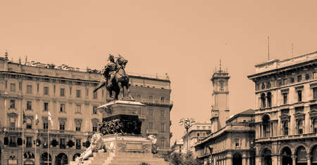 equestrian statue of Vittorio Emanuelle II in black and whiteの写真素材
