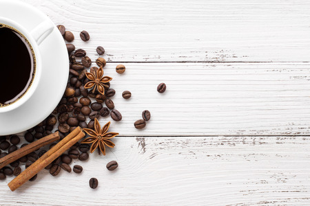 coffee and spices on white wooden vintage backgroundの写真素材