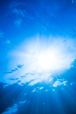 underwater background, deep blue sea with sunraysの写真素材