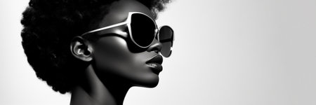Close-up portrait of a young african american female model wearing oversized sunglasses on a white backgroundの素材