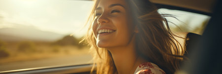 Young woman in a car, in the warm rays of the sunsetの素材