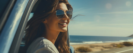 Young woman wearing sunglasses in a car, in the rays of the sunの素材