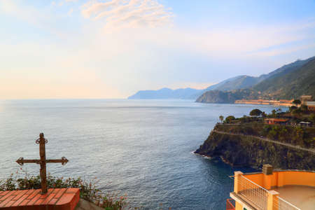 Manarola colorful streets overlooking scenic shorelineの写真素材