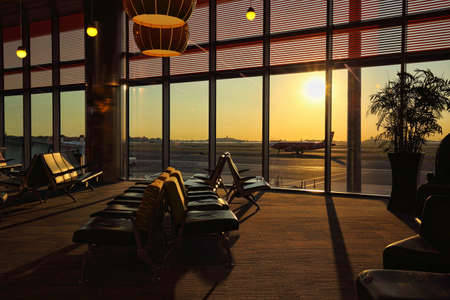 Airport terminal at sunsetのeditorial素材