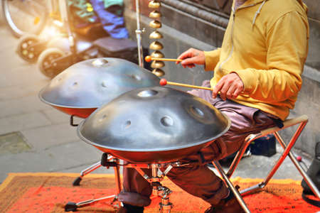 Street musicians playing in front of Barcelona Cathedralの写真素材