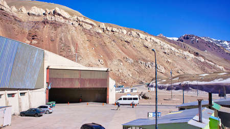 Paseo Internacional  Los Libertadores, Argentina-20 August, 2017: Driving from Santiago to Mendoza, International bus station near the border of Argentina and Chile close to Aconcagua sky resortのeditorial素材