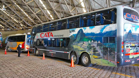 Paseo Internacional  Los Libertadores, Argentina-20 August, 2017: Driving from Santiago to Mendoza, International bus station near the border of Argentina and Chile close to Aconcagua sky resortのeditorial素材