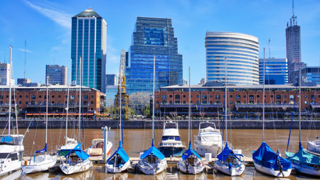 Buenos Aires, Argentina-September 15, 2016: Puerto Madero bay at a bright sunny dayの写真素材