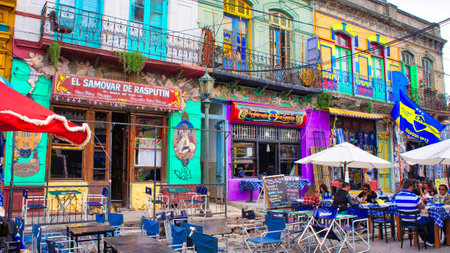 Buenos Aires, Argentina-September 15, 2017: Landmark El Caminito District with colorful painted houses and colorful cobbled streetsの写真素材