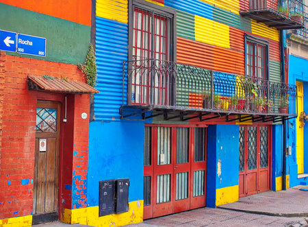 Buenos Aires, Argentina-September 15, 2018: Colorful buildings of El Caminito, a street museum and a traditional alley frequented by tourists, located in La Boca, a neighborhood of Buenos Airesの写真素材