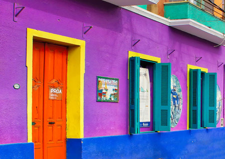 Buenos Aires, Argentina-September 15, 2018: Colorful buildings of El Caminito, a street museum and a traditional alley frequented by tourists, located in La Boca, a neighborhood of Buenos Airesの写真素材
