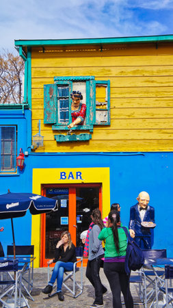 Buenos Aires, Argentina-September 15, 2018: Colorful buildings of El Caminito, a street museum and a traditional alley frequented by tourists, located in La Boca, a neighborhood of Buenos Airesの写真素材