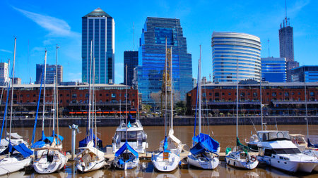 Buenos Aires, Argentina - September 15, 2016: Puerto Madero bay at a bright sunny dayの写真素材