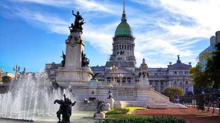 Buenos Aires, National Congress building on a sunsetの写真素材