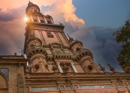 A landmark attraction Plaza de Espana, a plaza in the Parque de Maria Luisa in Seville historic city centerの写真素材
