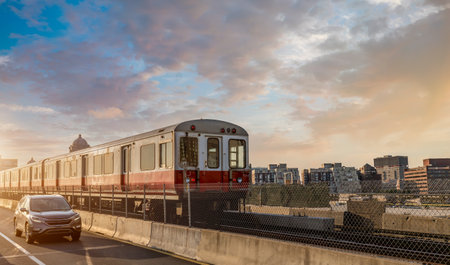 Boston subway lines, train crossing Longfellow bridge over scenic Charles river.の写真素材