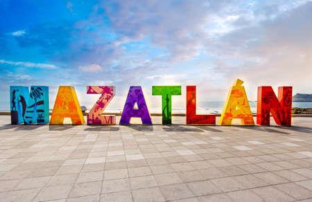 Mazatlan, Mexico-10 March, 2020: Big Mazatlan Letters at the entrance to Golden Zone (Zona Dorada), a famous touristic beach and resort zone in Mexicoのeditorial素材