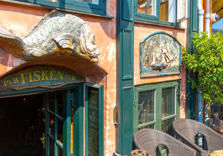 Copenhagen, Denmark-2 August, 2020: Famous Nyhavn, New Harbour, bay in Copenhagen, a historic 17 century European waterfront with floating restaurants, street cafes and open barsのeditorial素材